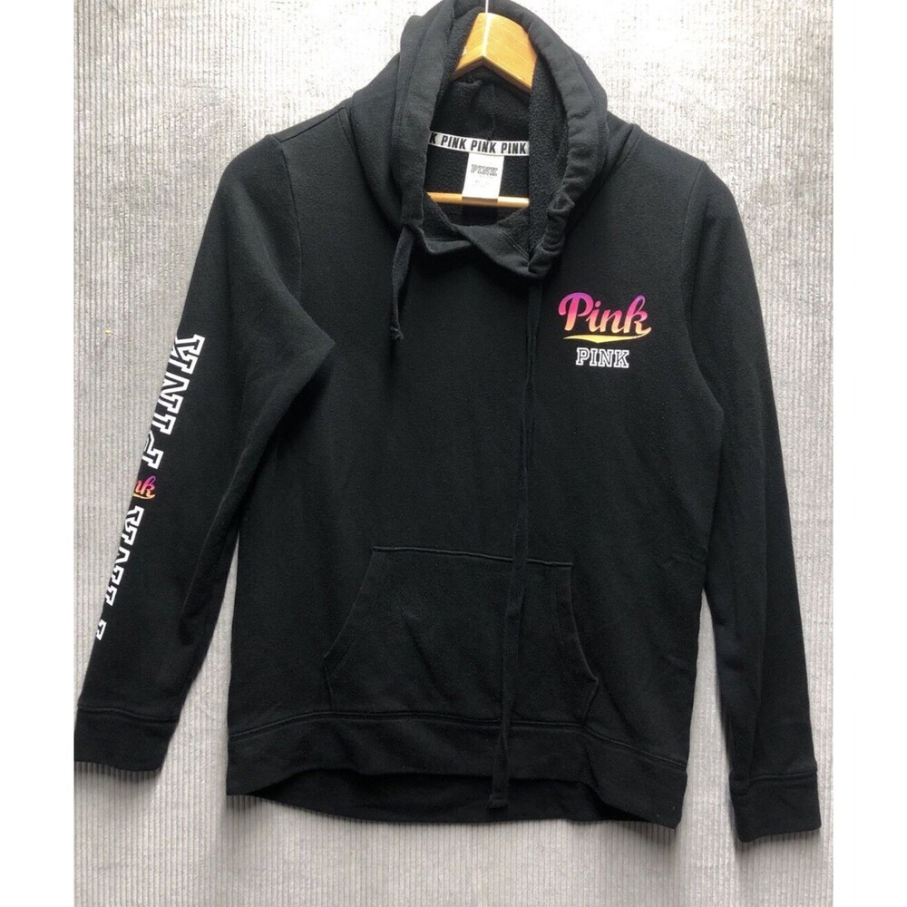 Victoria’s Secret PINK Hoodie XS Black Spellout Logo Pullover Y2K Campus Pockets